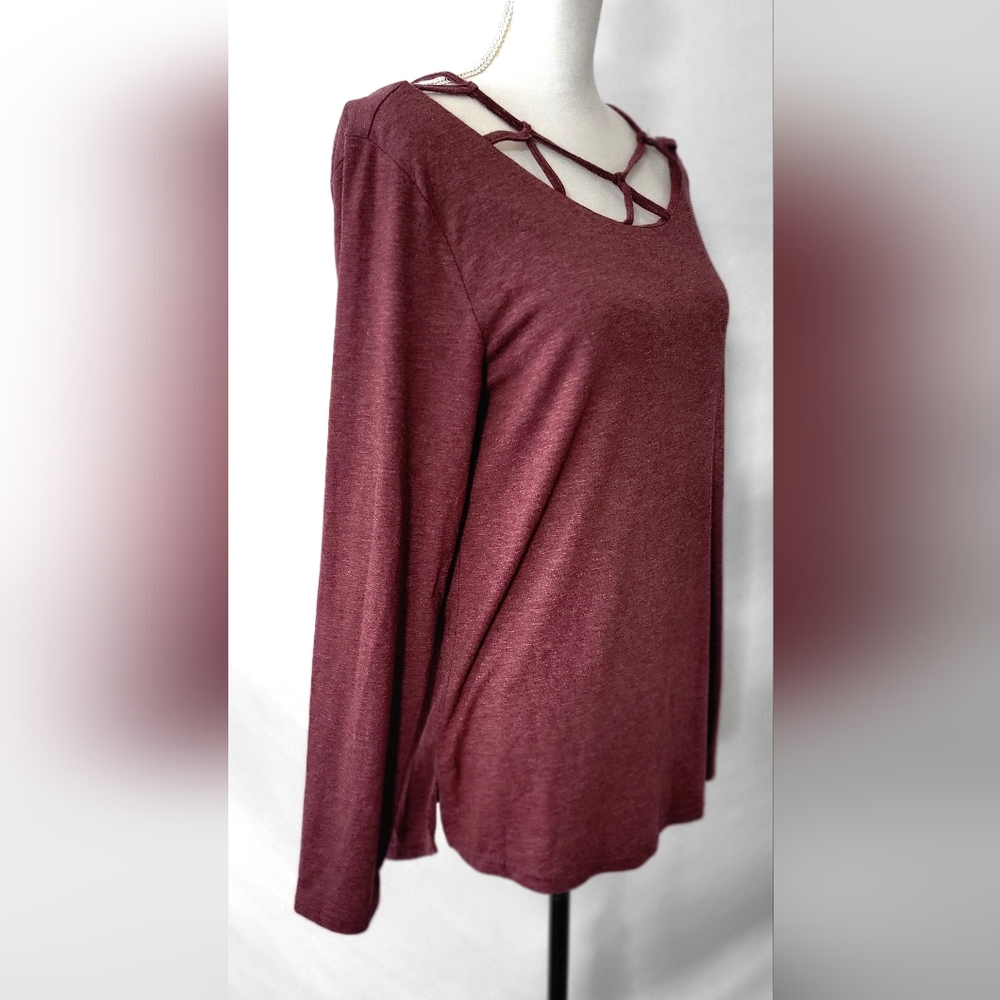 Burgundy Long Sleeve Detail Neckline Top